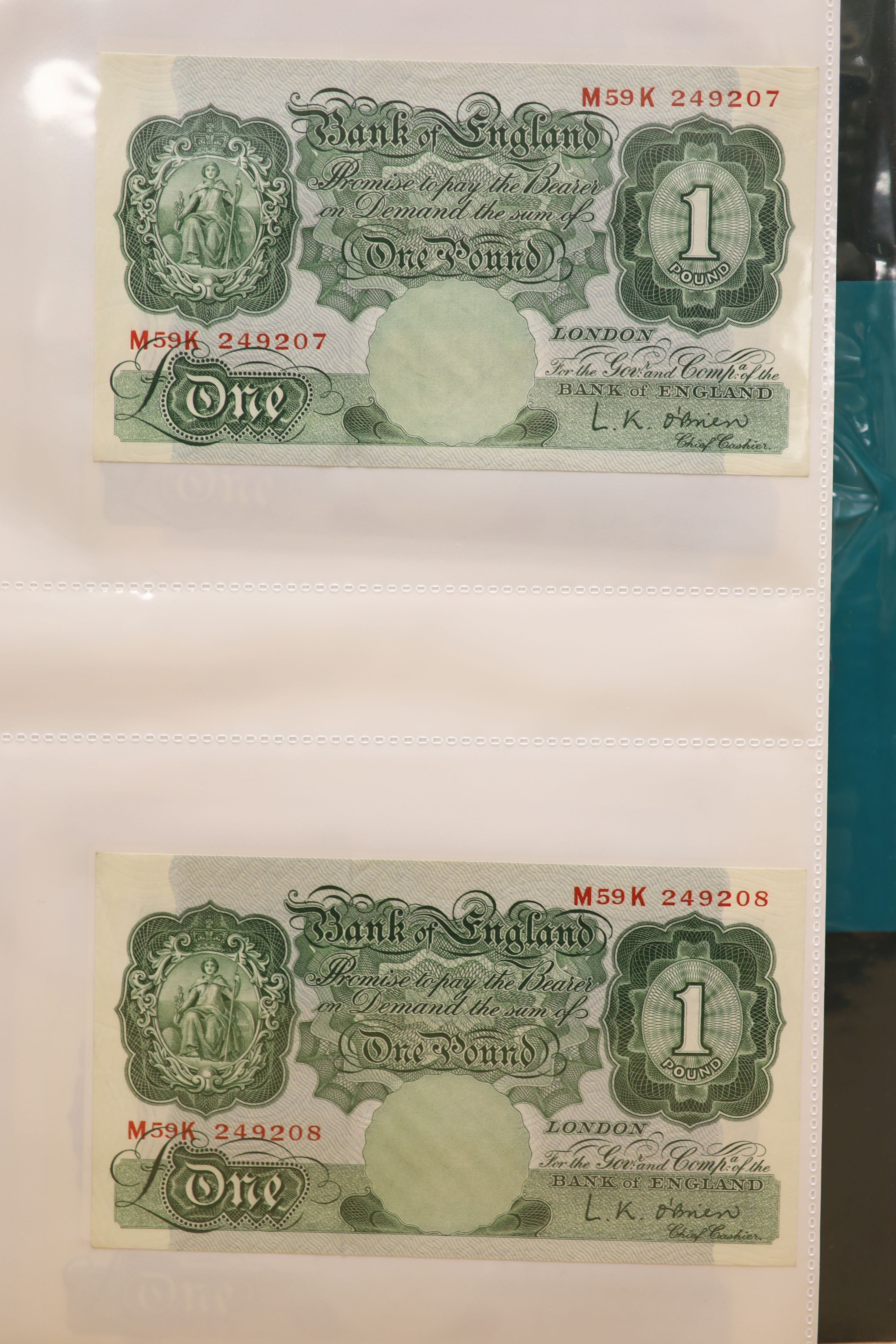 A collection of Bank of England and Scottish banknotes to include: 21 QEII 10 shillings, 14 O'Brien and Beale 10 shillings, 1 Peppiatt 10 shillings, 4 Hallam one pound notes, 18 O'Brien or Beale one pound notes, 8 Peppia